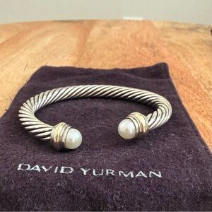David Yurman Classic Cable Cuff Bracelet with Pearls Sterling Silver 925 Size L